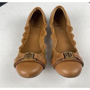 TORY BURCH Ambrose Ballet Flats Womens Sz 9 M Camel Brown Leather Gold Buckle
